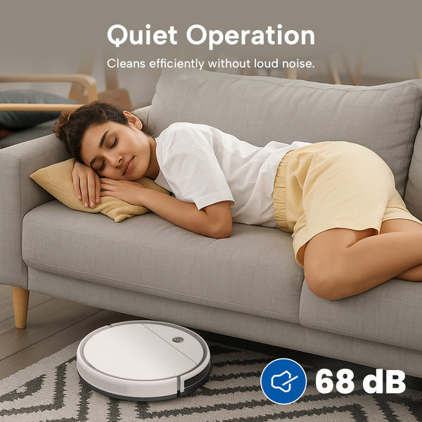 A woman sleeps on a beige sofa as the KRAPOF® Slim Robo Vac by Kleva Range quietly cleans nearby. Text reads: Super Quiet Operation—cleans efficiently at just 68 dB, so you can relax without disturbance.