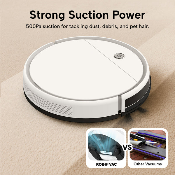 The KRAPOF® Slim Robo Vac by Kleva Range, shown on a beige floor, delivers 500Pa suction for dust and pet hair. Smart navigation enables hands-free cleaning. An inset image compares the Robo Vac to other vacuums.