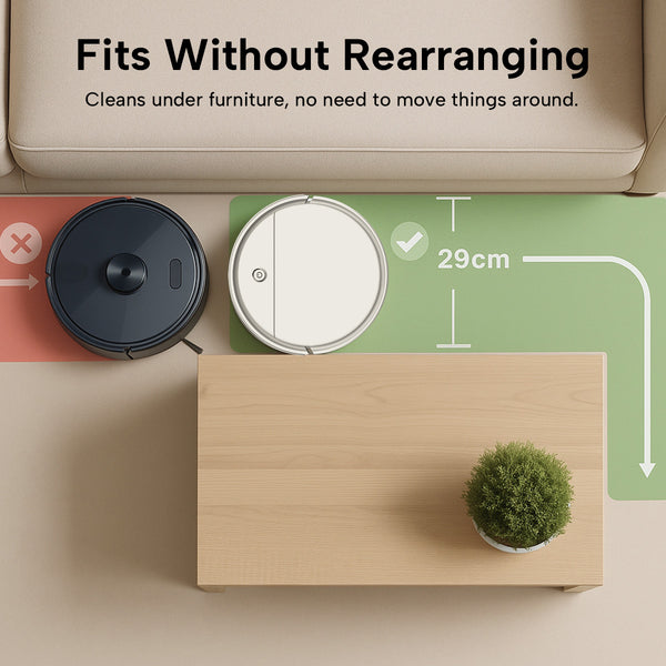 A dark vacuum is blocked by a coffee table, while the KRAPOF® Slim Robo Vac by Kleva Range, only 29cm high with smart navigation, slips under. Text: Fits Without Rearranging—enjoy hands-free cleaning under furniture without moving things.