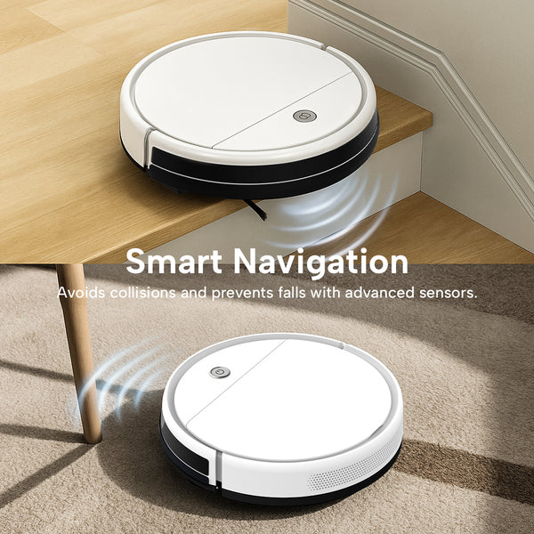 The KRAPOF® Slim Robo Vac Super Quiet Robotic Vacuum Cleaner by Kleva Range navigates hands-free near stairs and on carpets, using advanced sensors to avoid collisions and prevent falls. On-screen text: Smart Navigation.