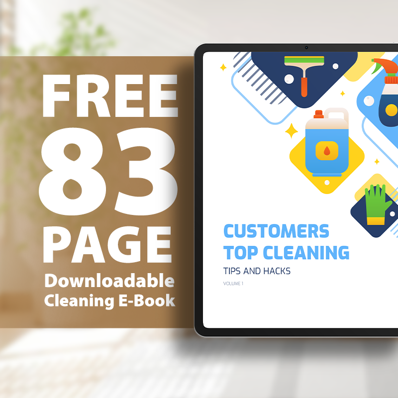 An advertisement displaying a tablet with a cleaning e-book cover, featuring bottles and tools, next to text reading FREE 83 PAGE Downloadable Cleaning E-Book on a blurred indoor background.