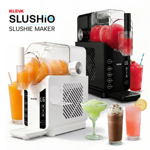 Kleva SLUSHiO slushie maker machine in black and white with frozen drinks, margaritas and iced beverages