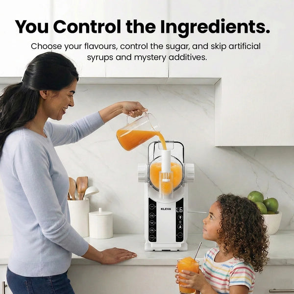 Family making slush drinks at home with Kleva slush machine