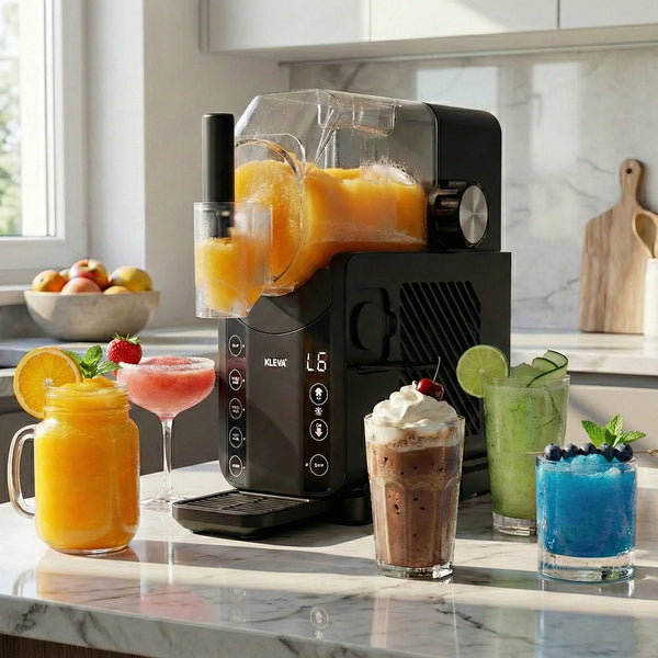 Kleva slush machine on a kitchen countertop with orange, chocolate, green, and blue frozen drinks displayed in different glasses.