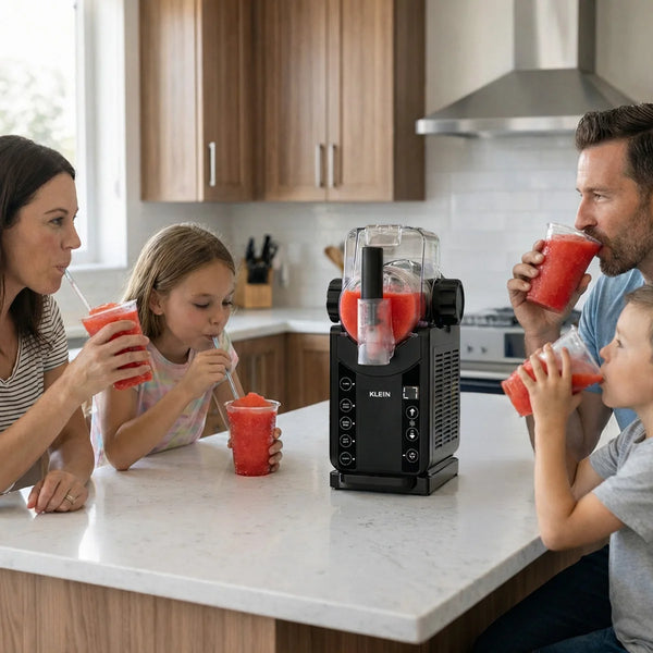 Family gathered in a kitchen enjoying red slush drinks made with a Kleva slush machine.