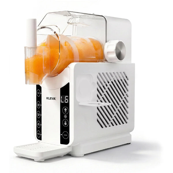 White Kleva slush machine dispensing an orange frozen drink into a clear cup.
