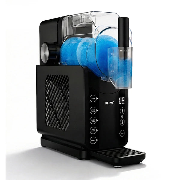 White Kleva slush machine dispensing an orange frozen drink into a clear cup.