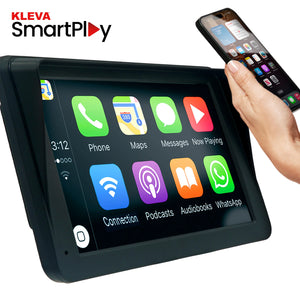 Wireless Apple CarPlay dashboard screen with smartphone connection and navigation apps for car