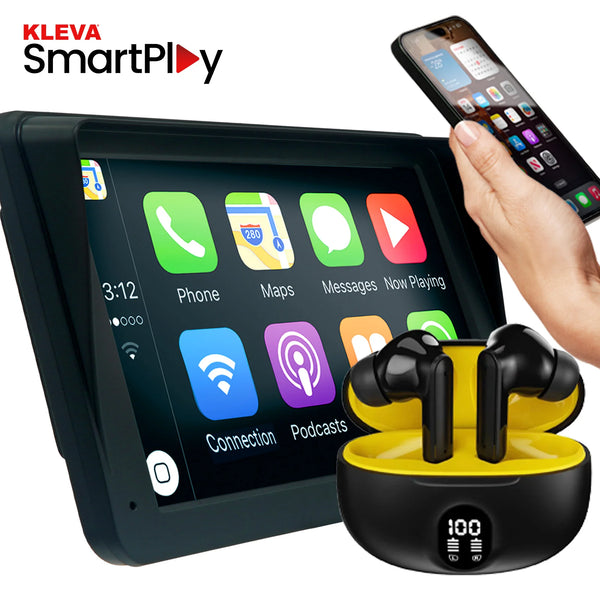 Kleva Smartplay wireless Apple CarPlay and Android Auto touchscreen display with Bluetooth earbuds and smartphone connectivity