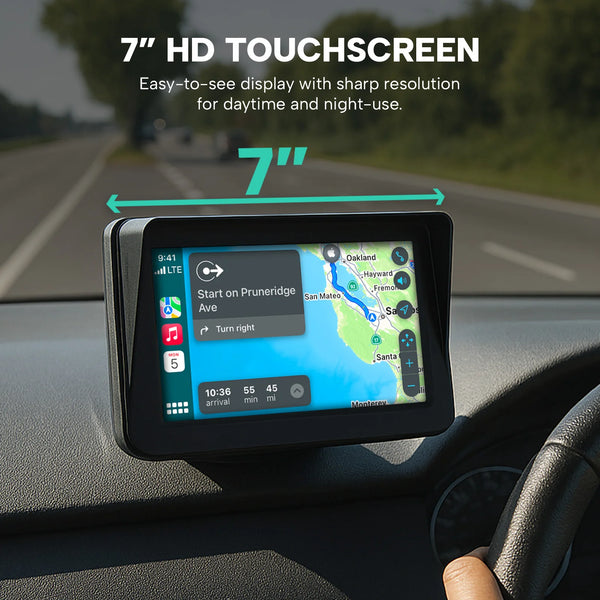 Kleva Smartplay 7-inch HD touchscreen car display showing GPS navigation map on dashboard