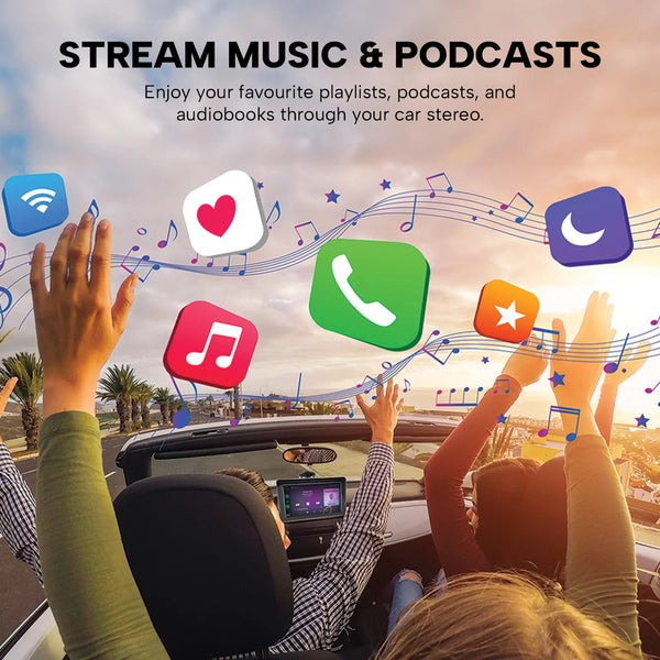 Kleva Smartplay car touchscreen streaming music, podcasts and apps through Apple CarPlay and Android Auto