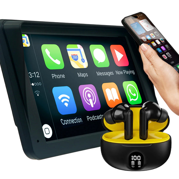Kleva Smartplay Apple CarPlay touchscreen display bundle with wireless earbuds and smartphone connectivity