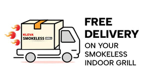 Free delivery smokeless indoor grill with delivery truck illustration and fast shipping offer