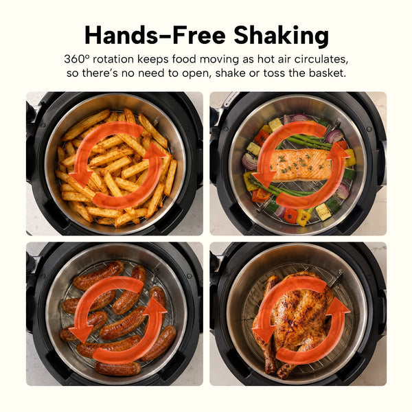 Four images show fries, salmon with veggies, sausages, and a whole chicken in the Kleva® Spin Crisp IQ Rotating Digital Air Fryer by Kleva Range, illustrating its 360° auto-rotate technology for hands-free cooking. Text above highlights this innovative feature.