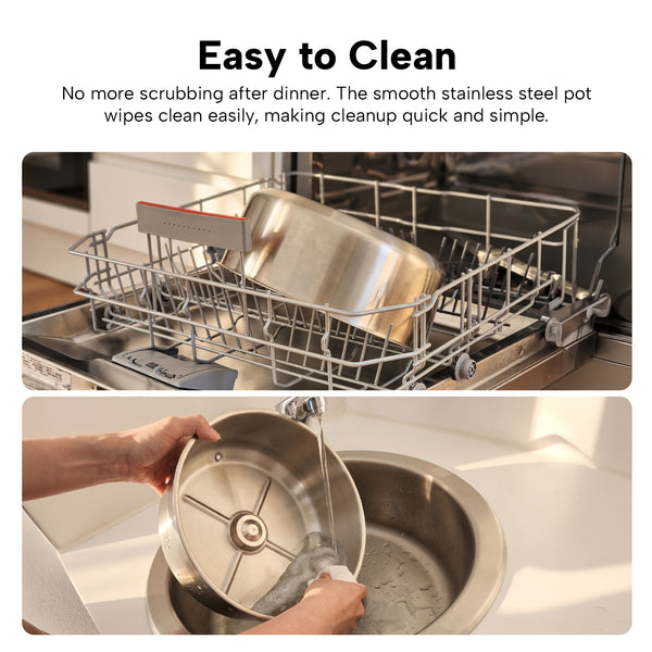 Top: A stainless steel pot is set upside down in the top dishwasher rack. Bottom: Hands rinse a stainless steel pot, ensuring it’s spotless before use with your Kleva® Spin Crisp IQ Rotating Digital Air Fryer from Kleva Range.
