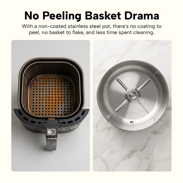 Side-by-side comparison: on the left, a worn basket with peeling; on the right, the Kleva® Spin Crisp IQ Rotating Digital Air Fryer’s shiny stainless steel pot from Kleva Range. Text highlights benefits of non-coated air fryer baskets.