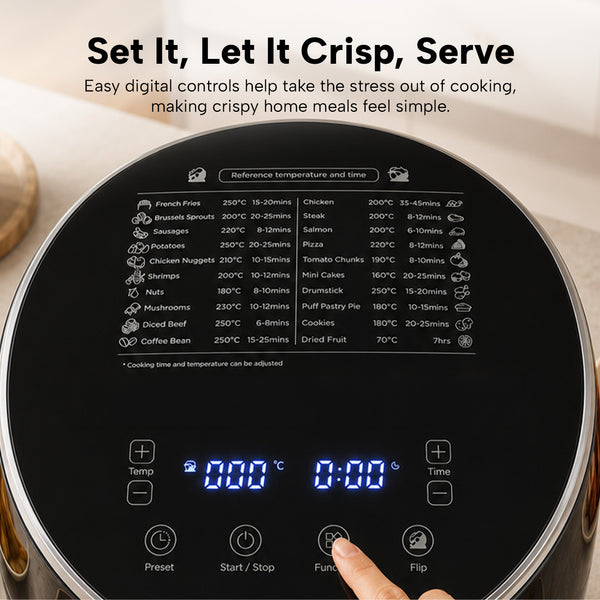 A close-up of the Kleva® Spin Crisp IQ Rotating Digital Air Fryer by Kleva Range shows digital controls, a preset chart for foods, and a finger pressing Function. The display reads 00:01, highlighting its 360° auto-rotate technology.