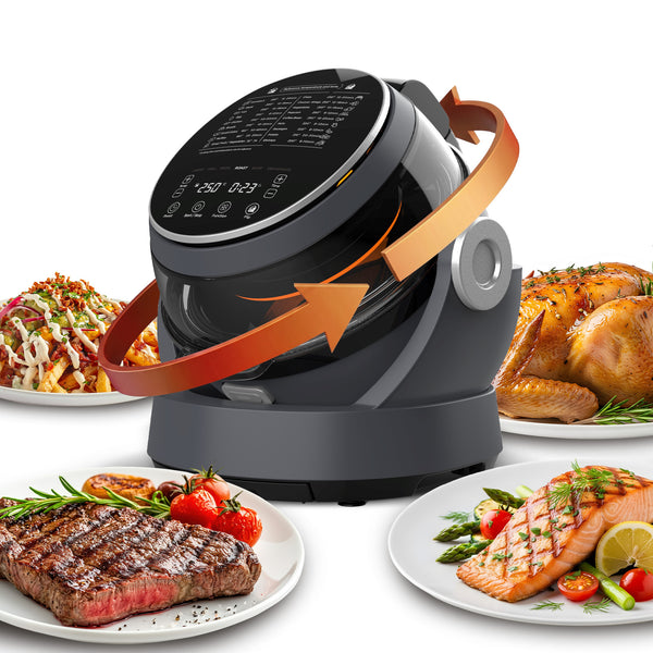 The Kleva® Spin Crisp IQ Rotating Digital Air Fryer by Kleva Range, featuring a digital display and 360° auto-rotate technology, sits on a white surface surrounded by plates of cooked steak, salmon, roast chicken, and tacos.