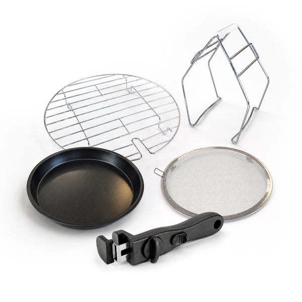Five accessories for the Kleva® Spin Crisp IQ Rotating Digital Air Fryer by Kleva Range—metal rack, folding wire stand, nonstick pan, mesh splatter screen, and detachable handle—are displayed on a white background.