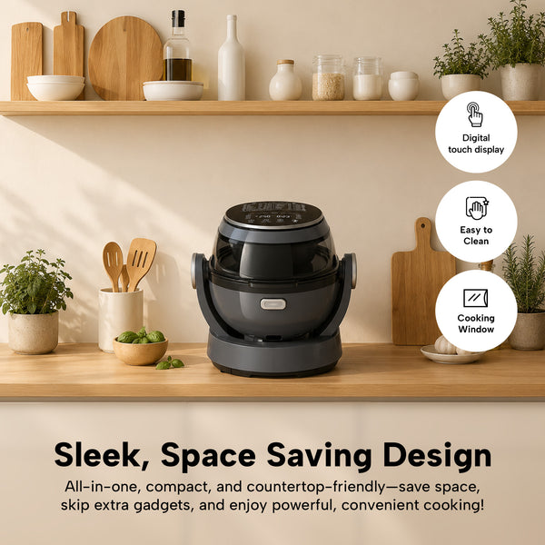 The Kleva® Spin Crisp IQ Rotating Digital Air Fryer by Kleva Range sits on a wooden counter beneath open shelves. Overlay text highlights its digital display, easy cleaning, cooking window, and 360° auto-rotate technology.