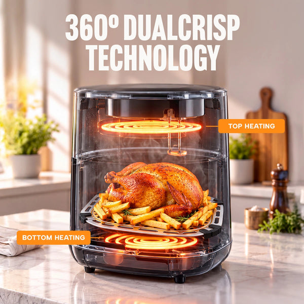 A countertop air fryer with a whole roasted chicken and fries inside, shown in a kitchen setting with large text reading '360° DUALCRISP TECHNOLOGY' and orange callouts for top and bottom heating.