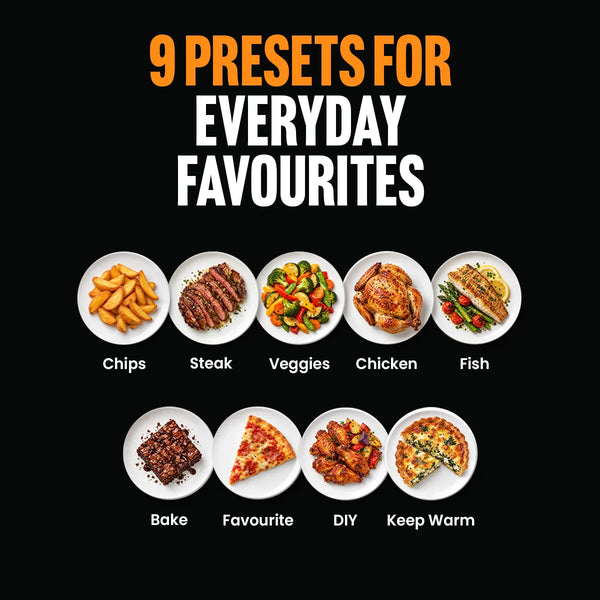 Promotional graphic for a preset pack showing the text '9 PRESETS FOR EVERYDAY FAVOURITES' in orange and white on a black background, with eight food examples below: chips, steak, vegetables, chicken, fish, bake, favourite pizza slice, DIY fried food, and keep warm pizza. Each food photo is on a white plate with a label underneath.
