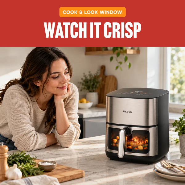 A woman leans on a kitchen counter beside a KLEIVA air fryer with food cooking inside, under a red banner that reads 'COOK & LOOK WINDOW' and 'WATCH IT CRISP'.