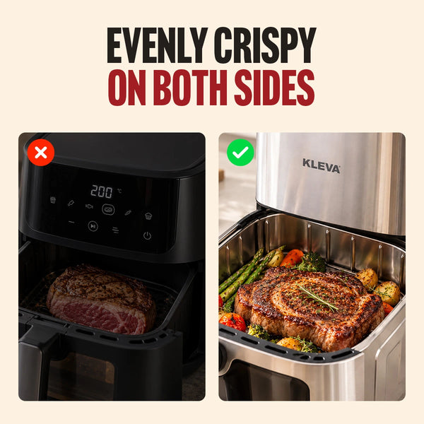 Promotional comparison graphic for a KLEVA air fryer. The top text reads 'EVENLY CRISPY ON BOTH SIDES' on a beige background.