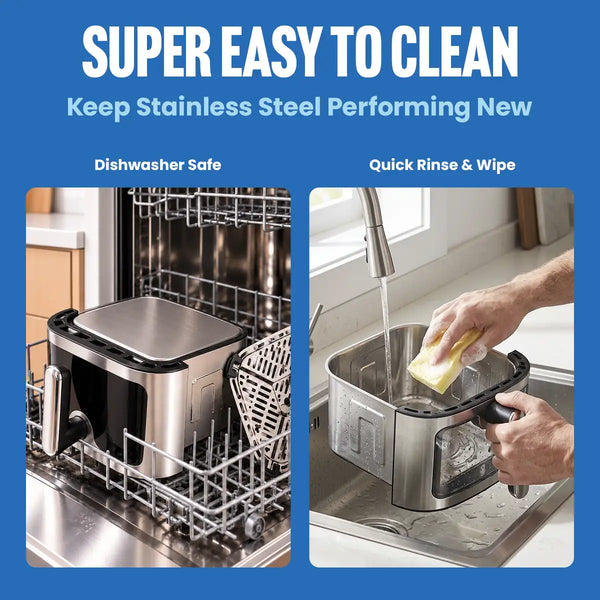 Promotional graphic for a stainless steel kitchen container with a lid, showing two inset photos: one placed inside a dishwasher labeled 'Dishwasher Safe,' and one being rinsed in a sink with a sponge, labeled 'Quick Rinse & Wipe.' Large text at the top reads 'SUPER EASY TO CLEAN' and 'Keep Stainless Steel Performing New.