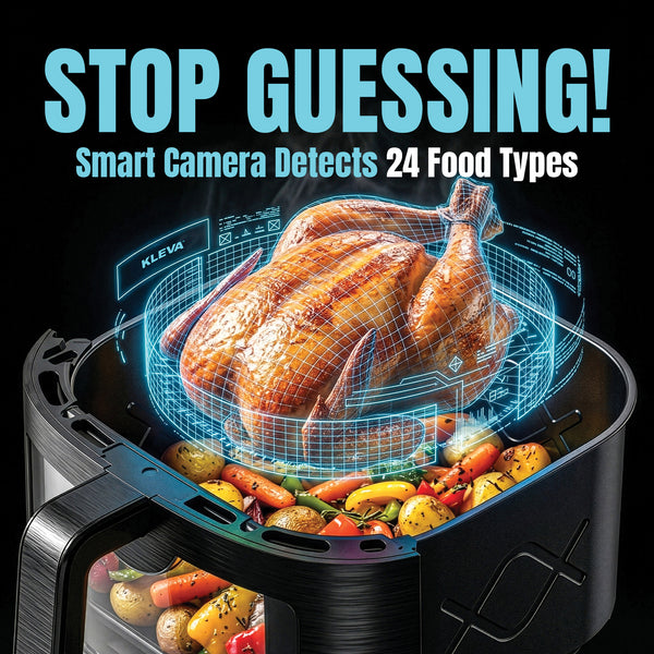 Enjoy a whole roasted chicken with vegetables thanks to the KLEVA® SteamCrisp IQ Steam Air Fryer with AI Food Detection Camera 8L from Kleva Range. This innovative steam-assisted air fryer ensures juicy results every time. A digital projection of the chicken floats above it, while text above proclaims: STOP GUESSING! AI Camera Detects 24 Food Types with Smart Food Recognition.