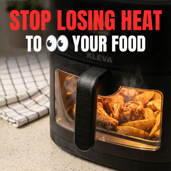 A sleek black KLEVA® SteamCrisp IQ Steam Air Fryer with AI Food Detection Camera 8L from Kleva Range features a transparent window, revealing crispy chicken wings and golden potato wedges inside. Bold red and white text reads, STOP LOSING HEAT TO 👀 YOUR FOOD. With advanced steam-assisted air frying and smart food recognition technology, you can monitor your meal through the lid without opening it. A checkered kitchen towel sits on the counter nearby.