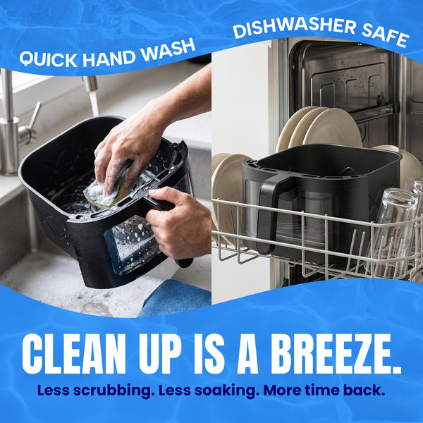 Two images: on the left, a hand washing a black KLEVA® SteamCrisp IQ Steam Air Fryer with AI Food Detection Camera 8L container in a kitchen sink; on the right, the same container placed in a dishwasher rack. Text reads: Clean up is effortless—less scrubbing, less soaking. Enjoy more time back thanks to your Kleva Range KLEVA® SteamCrisp IQ. Experience smarter cooking and easier cleaning every day.