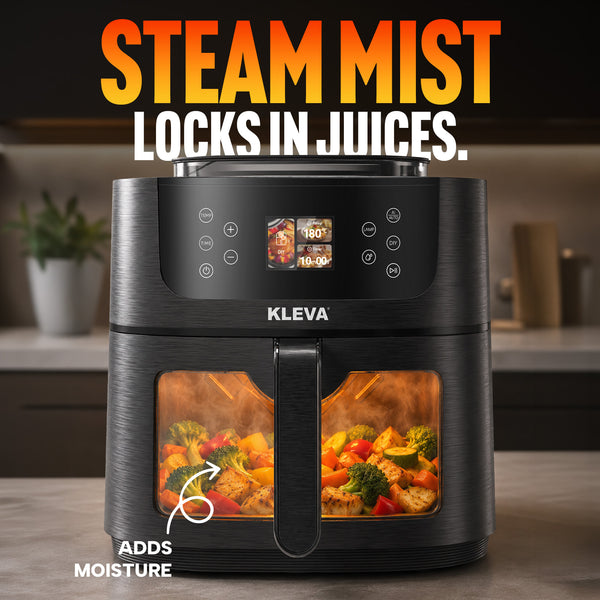A black KLEVA® SteamCrisp IQ Steam Air Fryer with AI Food Detection Camera 8L from Kleva Range sits on a kitchen counter, cooking vegetables inside. Orange text above reads “Steam Mist Locks in Juices,” while white text with an arrow states “Adds Moisture.” This steam-assisted air fryer features smart food recognition and digital controls.