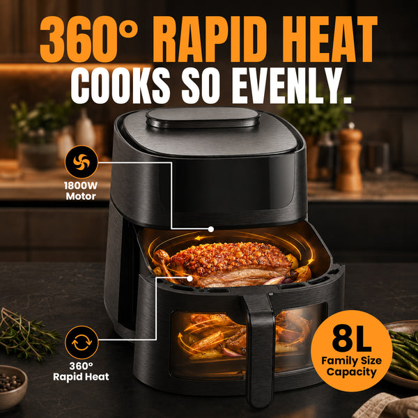 A black Kleva Range KLEVA® SteamCrisp IQ Steam Air Fryer with AI Food Detection Camera (8L) sits on a kitchen counter with food inside. Text highlights its generous 8L capacity, powerful 1800W motor, 360° rapid heat technology, and smart AI food detection for perfect results every time. Fresh herbs and kitchenware can be seen in the background.