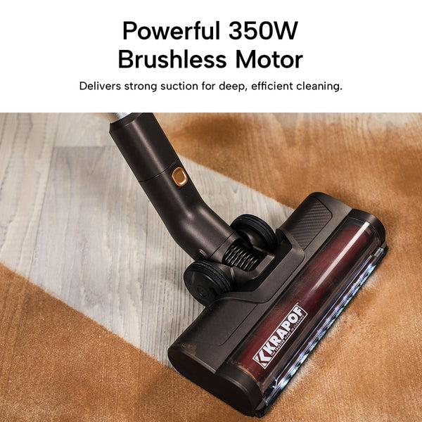 The KRAPOF® Super Slim Power Vac Cordless Stick Vacuum by Kleva Range, with a 350W brushless motor, delivers powerful suction to clean carpets and transition smoothly to wooden floors. Includes an extra FREE second battery for extended cleaning.