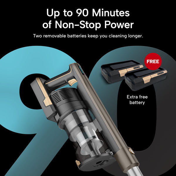 The KRAPOF® Super Slim Power Vac Cordless Stick Vacuum by Kleva Range is pictured with two removable batteries—one attached, one beside it. “Up to 90 Minutes of Non-Stop Power” appears above, and a label notes an extra free battery included.