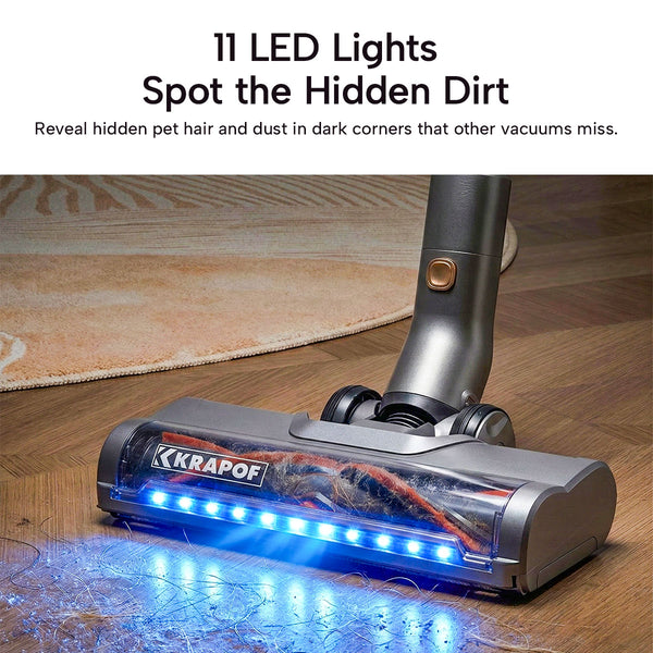 The KRAPOF® Super Slim Power Vac Cordless Stick Vacuum by Kleva Range features 11 blue LED lights to reveal hidden dust and pet hair on floors and rugs, with ultra-lightweight design, powerful suction, and an extra FREE second battery included.