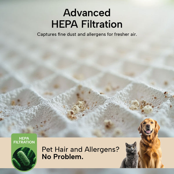 A close-up of the KRAPOF® Super Slim Power Vac by Kleva Range highlights advanced HEPA filtration, powerful suction for fine dust and allergens, plus images of a dog, cat, and the phrase “Pet Hair and Allergens? No Problem.” Includes extra FREE second battery.