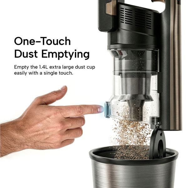 A hand presses a button on the KRAPOF® Super Slim Power Vac Cordless Stick Vacuum by Kleva Range, releasing dust from the clear 1.4L cup into a bin below. Text on the left highlights its one-touch dust emptying feature and extra free battery.
