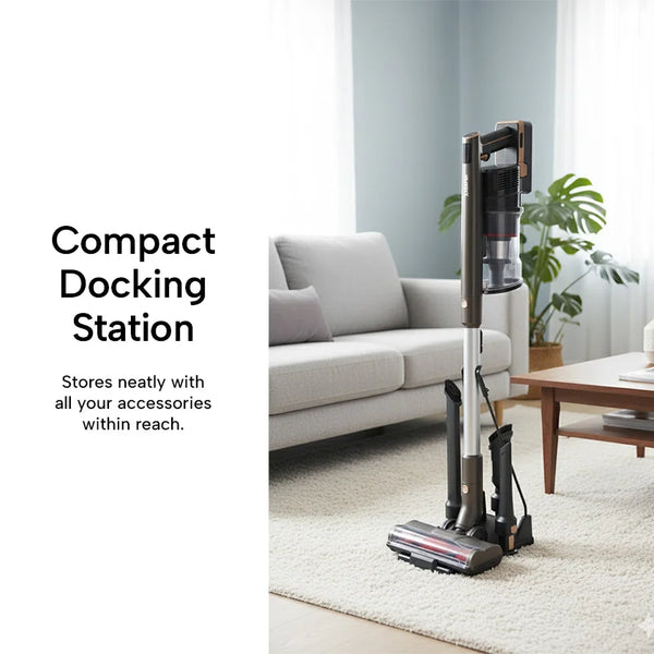 Slim Vac cordless vacuum docking station storing vacuum and accessories neatly