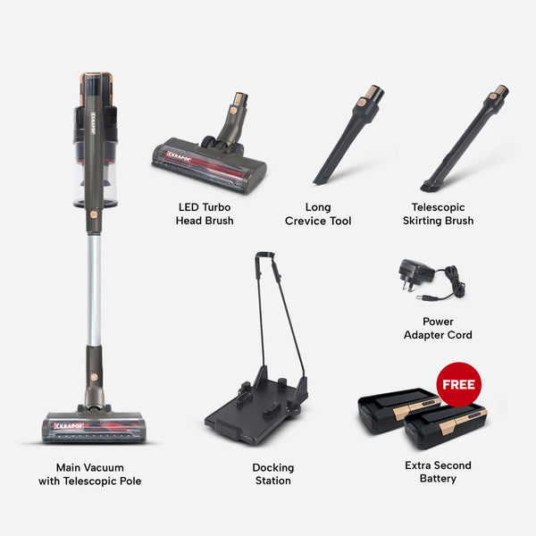 The KRAPOF® Super Slim Power Vac Cordless Stick Vacuum by Kleva Range includes a telescopic pole, LED turbo head brush, long crevice tool, skirting brush, docking station, power adapter cord, plus a FREE extra battery for extended cleaning.