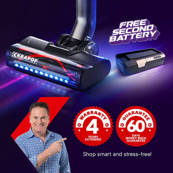 A man smiles and points to the KRAPOF® Super Slim Power Vac Cordless Stick Vacuum from Kleva Range, featuring an ultra-lightweight head with LED lights, a FREE second battery, 4-year warranty, and 60-day money-back guarantee for powerful cleaning.
