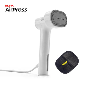 A Kleva Range KLEVA® AirPress 2-in-1 Portable Garment Steamer & Travel Iron with self-suction is pictured with its cord, next to a black pouch with a yellow tab highlighting that no ironing board is required.