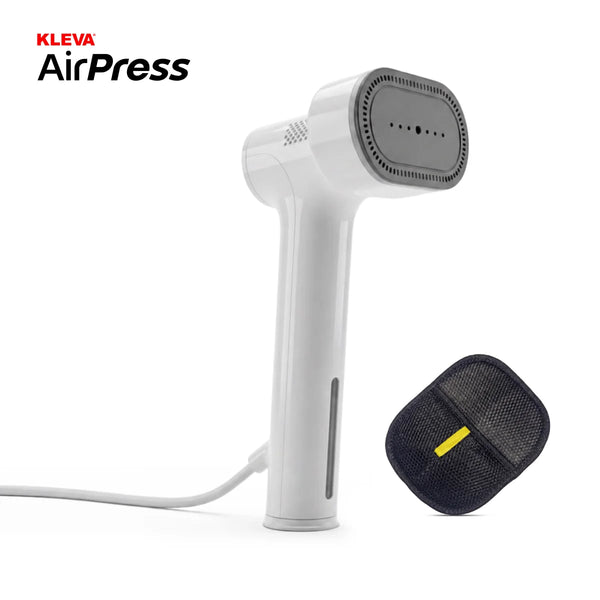 A Kleva Range KLEVA® AirPress 2-in-1 Portable Garment Steamer & Travel Iron with self-suction is pictured with its cord, next to a black pouch with a yellow tab highlighting that no ironing board is required.