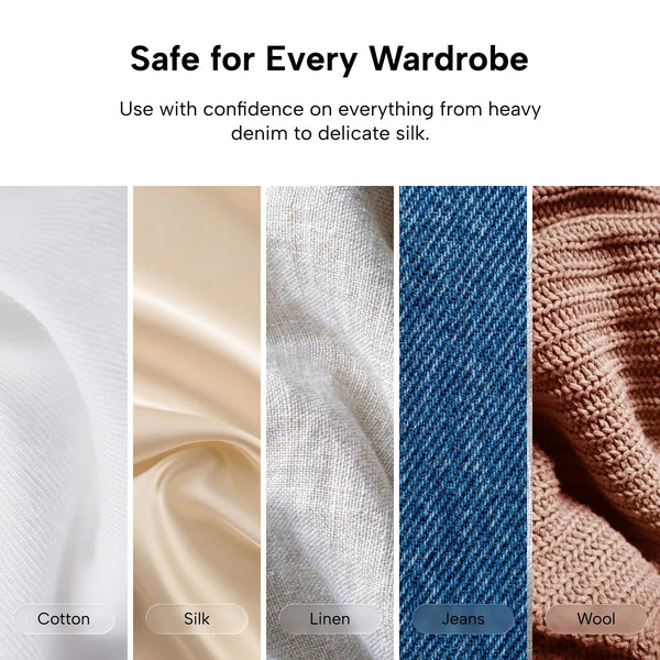 Five fabric samples—cotton, silk, linen, jeans, and wool—are shown in vertical panels with text highlighting the KLEVA® AirPress garment steamer from Kleva Range. Its self-suction technology safely steams all fabrics—no ironing board needed.