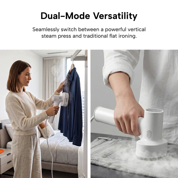 A woman uses the KLEVA® AirPress by Kleva Range in her bedroom, easily steaming a hanging shirt—no ironing board required. A close-up reveals its dual-mode action as it smooths wrinkles from flat-laid jeans.