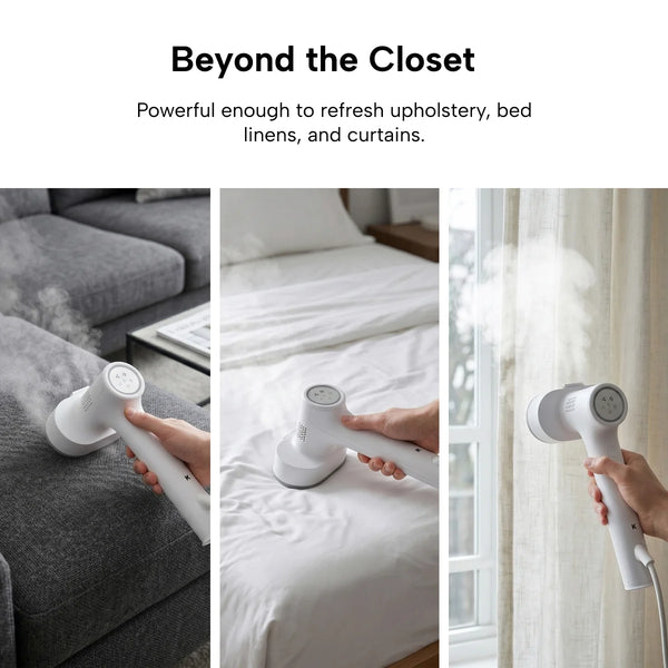 Three images show the KLEVA® AirPress from Kleva Range using self-suction technology to refresh sofas, bed linens, and curtains—demonstrating effective garment steaming with no ironing board required.