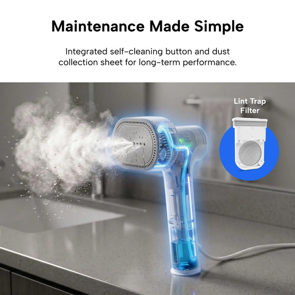 The KLEVA® AirPress by Kleva Range, a handheld garment steamer with self-suction, sits on a bathroom counter. It features a lint trap filter, self-cleaning button, and dust collection sheet—no ironing board needed for easy upkeep.