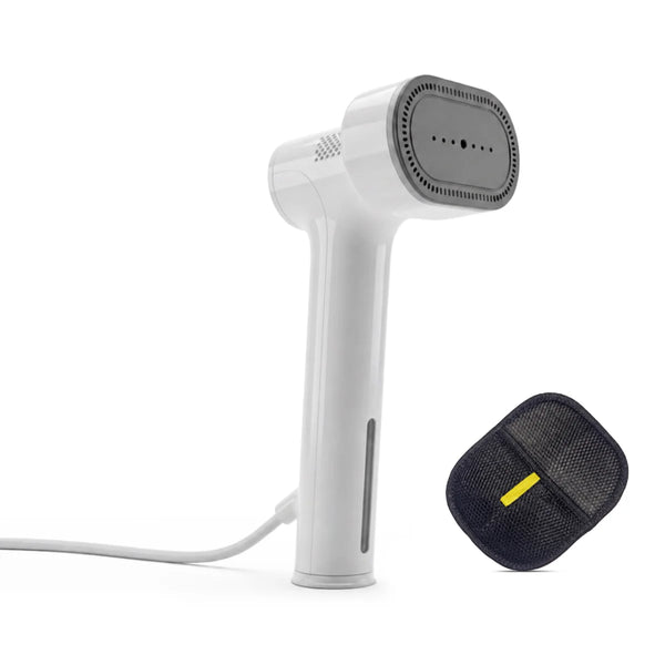 The KLEVA® AirPress 2-in-1 Portable Garment Steamer & Travel Iron by Kleva Range stands upright with a power cord, needing no ironing board. A black mesh accessory with a yellow tab sits beside this white steamer's black steam plate.