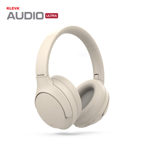The Kleva® AudioUltra Noise Cancelling Wireless Bluetooth Headphones by Kleva Range are shown in light beige with soft ear cushions and right ear cup controls—ideal for comfort seekers and those wanting premium audio.